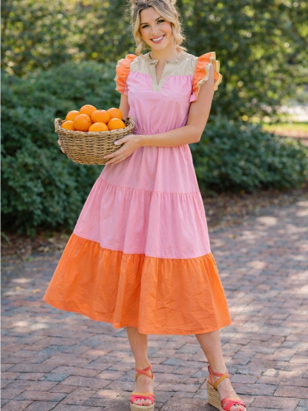 The Sweetest Pink & Orange Tiered Midi Dress with Ruffle Sleeves